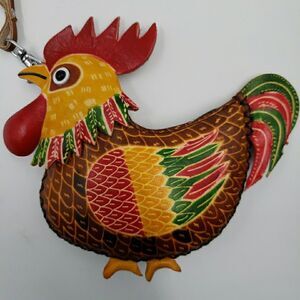 Chicken Rooster Zip Pouch Rustic Folk Art Handmade Leather Coin Purse Wristlet
